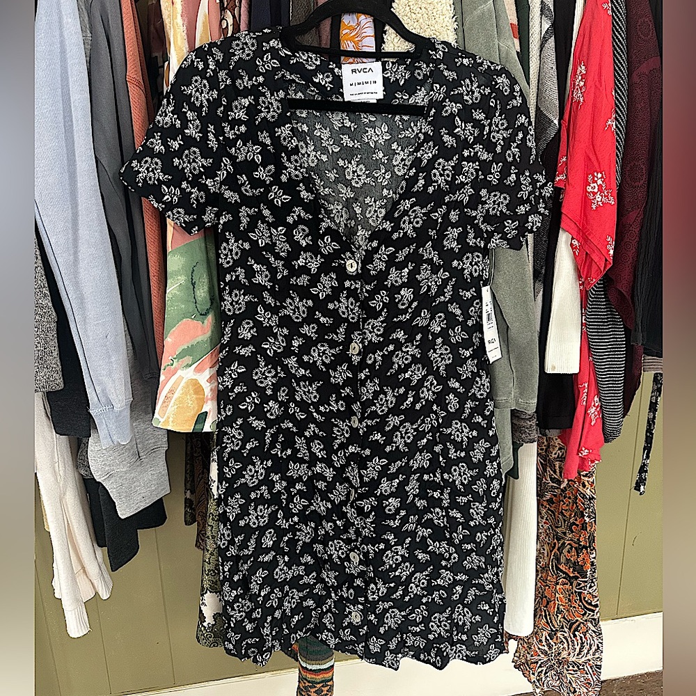 RVCA Black and White Puff Sleeve Sundress